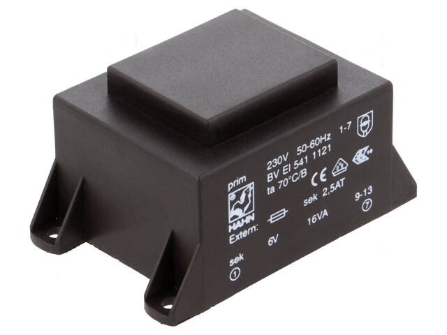 Transformator: ingegoten; 16VA; 230VAC; 6V; 2667mA; PCB; BVEI Transformator: ingegoten; 16VA; 230VAC; 6V; 2667mA; PCB; BVEI